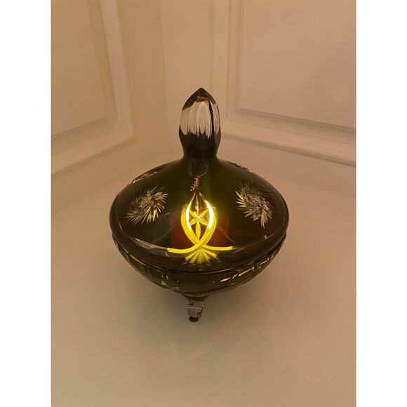 Antique Bohemian Amethyst Cut To Clear Crystal Footed Candy Dish Bowl with Lid - Picture 11 of 14